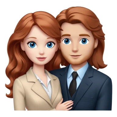 Barbie girl  , eyes blue , Chestnut red long wavy hair In pale beige clothes, Hugs a man with brown hair, brown eyes and a black suit sticker