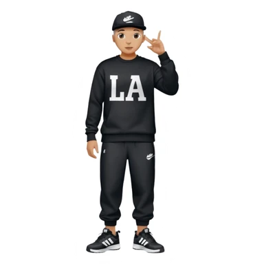 Crea Un Emoji De Cuerpo Completo Que Sea Hombre Con Corte Alucin Que Tenga Gorra Nike, Suéter Negro Que Tenga La Letras LA El La Parte Del Corazón, Zapatos Adidas Con Una Palomita✅, Pantalón Ancho O Bellaco Con Unos Diseños De Palomas Blancas Y Asiendo Una Pose Con Su Mano Que Sea Está 🤙🏽. sticker