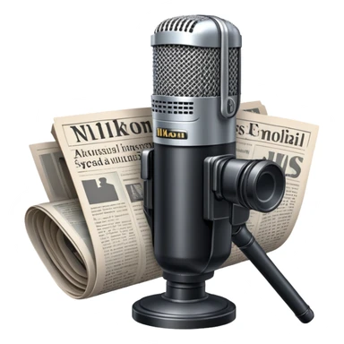 An icon featuring a microphone, a newspaper, a professional camera Nikon D5, representing journalism and mass media. The design includes headlines and imagery, symbolizing the spread of news and information. Transparent background highlights the power of communication and media. sticker