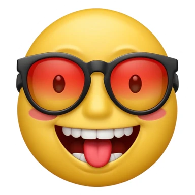 3D emoji character with bright yellow face, wide open smile showing white teeth and red tongue, raised brown eyebrows, and black sunglasses, rendered in a playful and glossy style on transparent background sticker