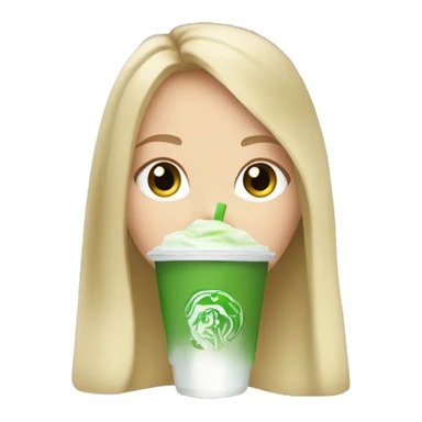 White girl with blonde long hair drinking iced matcha latte with green eyes sticker