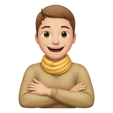 Person with arms crossed while holding neck and laughing sticker