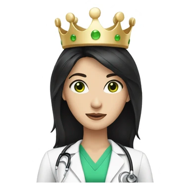 White Female doctor with green eyes, long black hair and a crown sticker