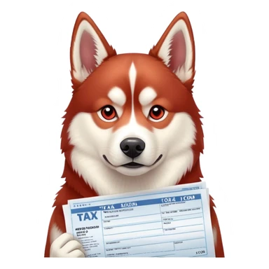 Red Siberian husky preparing taxes sticker