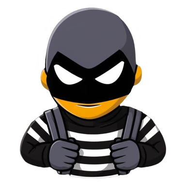 intimidating robber with black mask around eyes, striped shirt, sneaky and menacing expression, no weapons sticker