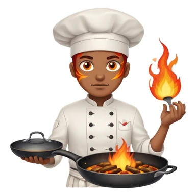 proud chef with blazing fire eyes, crossing two skillets across chest like a warrior sticker