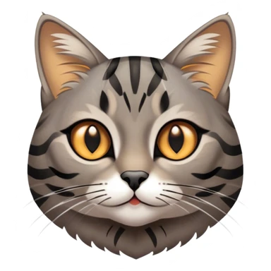 Cinematic Cute Grey and Black Brown Tabby Cat Portrait Emoji, Head tilted playfully and inquisitively, sleek grey-brown fur with bold black tabby stripes and a distinctive M-shaped marking on the forehead, sparkling amber eyes, Simplified yet irresistibly adorable features, highly detailed, glowing with a warm, friendly glow, high shine, affectionate and curious, stylized with a touch of whimsy, bright and endearing, soft glowing outline, capturing the essence of a mischievous yet loving kitten, so playful it feels like it could pounce out of the screen and into your arms! sticker