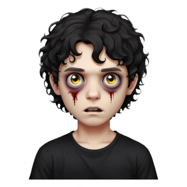 Boy, zombie, black curly wavy hair, medium hair, emo, round shaped hair, dark hair, spooky, creepy expression, fringe in the eyebrows height, with Black t-shirt  sticker