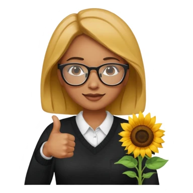 Make my biology teacher shes light brown, wears glasses, female, fat, all black sweater down and sunflower shirt under and make her give 1 thumbs up sticker