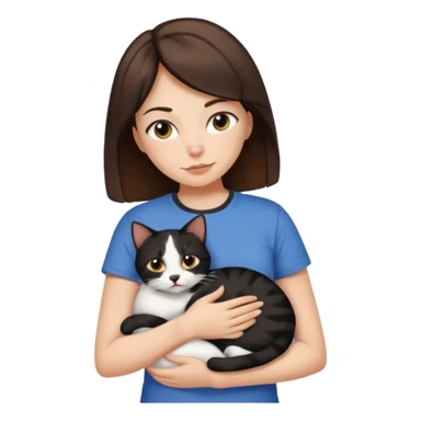 Brunette woman wearing a tshirt snuggling black brown and white calico cat sticker