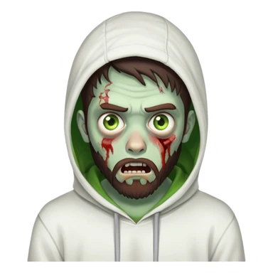 zombie with shocked expression, undercut hairstyle with dark brown hair, short full beard, heterochromia with one green eye and one brown eye, wearing plain white hoodie sticker