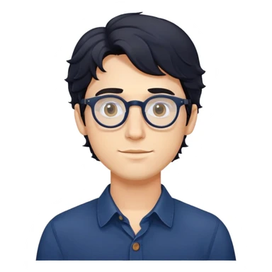 Upper body only of young caucasian man with longer wavy black hair, round glasses, wearing comfortable dark blue buttoned shirt sticker