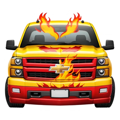 Bright yellow Chevrolet Silverado with red flame artwork exclusively on the front bumper, clean hood, exactly as in Kill Bill, 30-degree angle showcasing bumper detail, iOS emoji style sticker