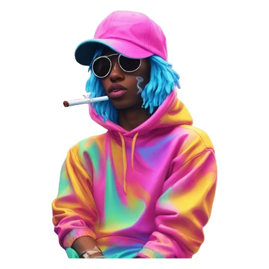 Multicoloured neon Vaporwave person smoking wearing hoodie dancing hip hop bucket hat tropical Skater fashion aesthetic baggy clothes graphic t shirt 420 sticker