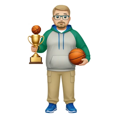  full body white obese male basketball coach with trophy. Goatee , Wearing glasses and blue and green hoodie and khaki pants sticker