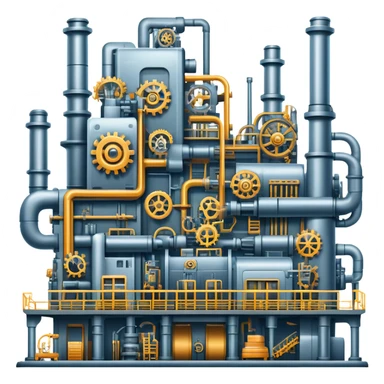 An icon featuring a giant factory with industrial machines and assembly lines, symbolizing mechanical engineering. The design includes gears, robotic arms, and blueprints, representing the creation of machinery and complex systems. Transparent background highlights innovation in manufacturing sticker