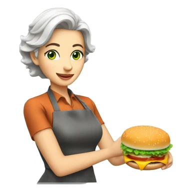 blonde gray-haired cook with green eyes making burger sticker