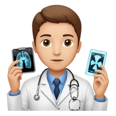 A medical professional in a white lab coat examining an X-ray film, wearing a radiation badge sticker