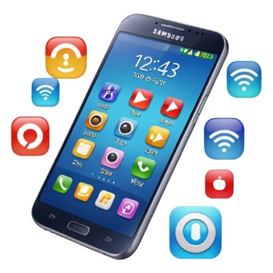 Samsung Galaxy phone with app icons, time, Wi-Fi sticker