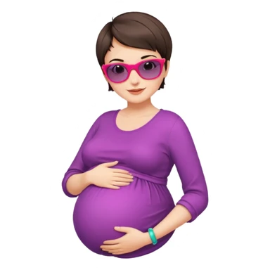 pregnant stylish woman with short pixie brunette hair happily touching her big belly while wearing fashionable clothes and colorful shades sticker