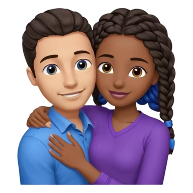 Boyfriend who is middle Eastern olive skinned with blue eyes and wavy straight brown hair in a blue shirt and his African girlfriend who is very black skinned, juicy lipped with black braided hair and the two are hugging and smiling hugely she’s wearing purple and she has black eyes sticker