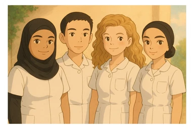 Illustration style Ghibli of four nursing students standing side by side, warm atmosphere, wearing short-sleeved white uniforms without undershirts or stethoscopes, resembling the four people in the provided photos. sticker