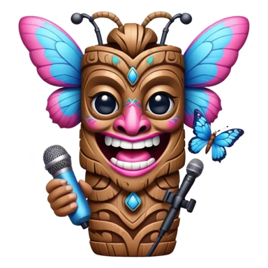 Pixar style little Cartoon Blue and pink tiki singing with butterfly and in the microphone, ultra detailed and lifelike imagery sticker