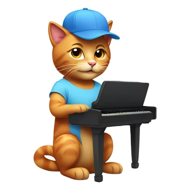 tan-red cat wearing a light-blue t-shirt and a blue base cap taps musical keyboard sticker