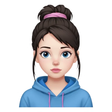 Create a teenage girl with straight brunette hair pulled into a messy bun, pale skin, light freckles, and blue-grey eyes. She will have pink lips and long black eyelashes. She will be wearing a big black hoodie. sticker