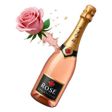 bottle of sparkling rosé champagne with a rose logo on the label, with the cork exploding out from the top, tilted up and to the left, no glass sticker