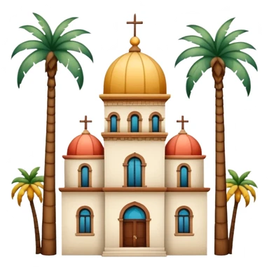 California landmark with colorful tiled dome, slender ornate tower, palm trees, Spanish Colonial Revival, simple sticker