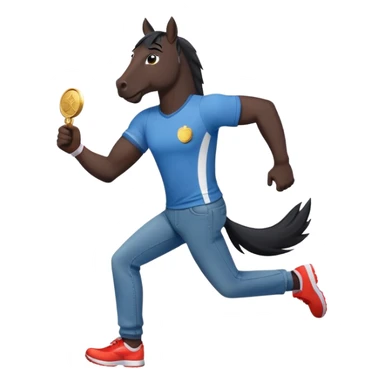friendly anthropomorphised black stallion in jeans and a t-shirt, jogging upright in standard pose, holding a medal sticker