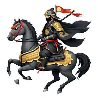 clash-of-clans-aesthetic_-cinematic-fearsome-and-majestic-samurai-bust-portrait-emoji, rendered in a flat, vector-style with minimal shading and bold, simplified shapes typical of emoji art, depicting a battle-hardened samurai with black mask and traditional black Japanese armor. The samurai is riding a noble grey warhorse adorned with an intricately designed saddle and fluttering banners and a rising sun. a samurai riding on a  horse sticker