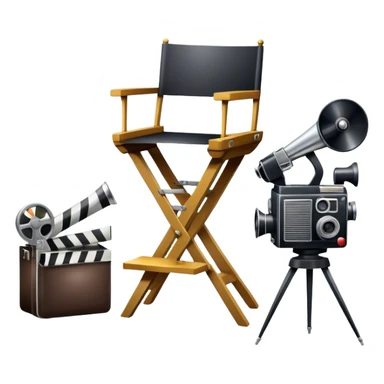 Professional icon for Directing: a collage featuring a director's chair, a film camera, a megaphone and an Oscar trophy. The icon should represent the craft and creativity of film directing, with emphasis on leadership and cinematic artistry. Transparent background. sticker