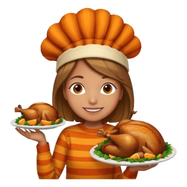 happy tan girl with an orange striped sweater and a cooked browned turkey on her head  sticker