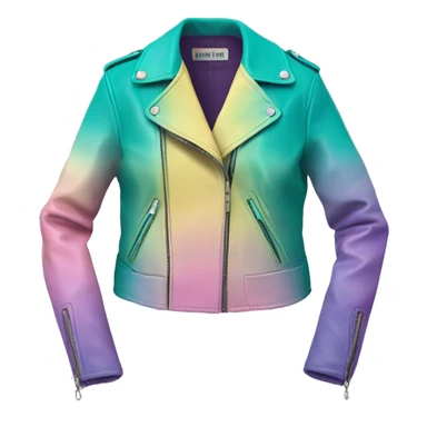 Realistic isolated side view of an open teal,pastel pink,pastel purple,and yellow ombre feminine fashion leather jacket.  sticker