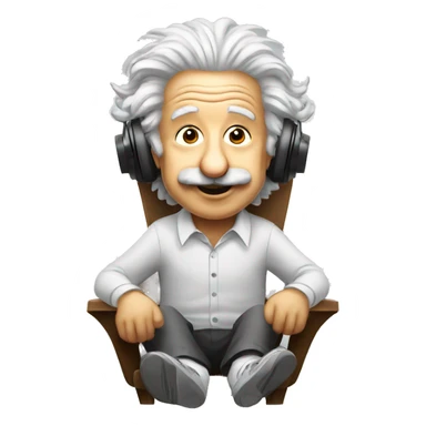albert einstein happy listening music with wireless headphones while sitting on the chair sticker