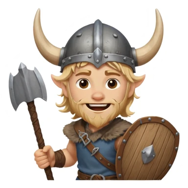 A young Viking warrior with messy hair, wooden shield, and fierce excited grin with horned helmet sticker
