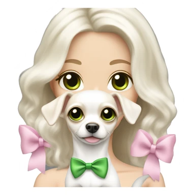 pale blond girl with wavy long platinum white hair with bright green eyes holding a white chihuahua that wearing a pink bow sticker