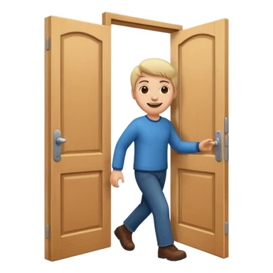 a door opening with a smiling client walking in sticker