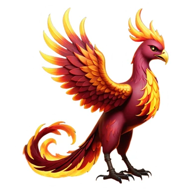 Cinematic Noble Battle-Hardened Mystical Fire Phoenix Portrait Emoji, with scorched, battle-scarred plumage in deep crimson, burnt gold, and smoldering ember hues. Its piercing eyes, hardened by countless conflicts, blaze with unyielding resolve and ancient wisdom. The elongated tail feathers bear vivid marks of fiery combat, rendered with lifelike texture and dynamic highlights, high shine, exuding an aura of mythic martial valor, focused and commanding, with a soft glowing outline that captures a phoenix forged in the fires of war. sticker