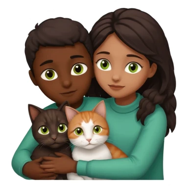 Crea un emoji donde salga un chico moreno con los ojos claros, una chica morena con los ojos marrones y SOLO UN gato europeo comun de pelaje oscuro y ojos verde claro, quiero que se esten abrazando y el gato este en el medio de los dos sticker