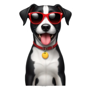 Black short hair female dog with sunglasses and red lips  smiling with the tongue outside de mouth . The dog has a partial white chest sticker