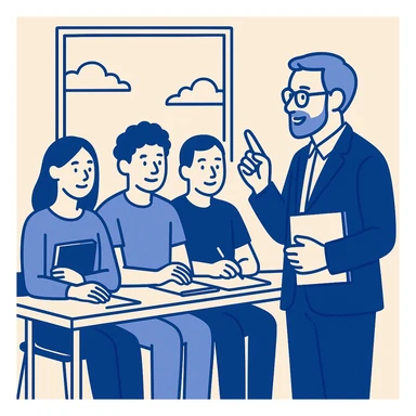 four young adult students listening to a professor, studious atmosphere, flat design style, bright classroom background, visible diversity sticker