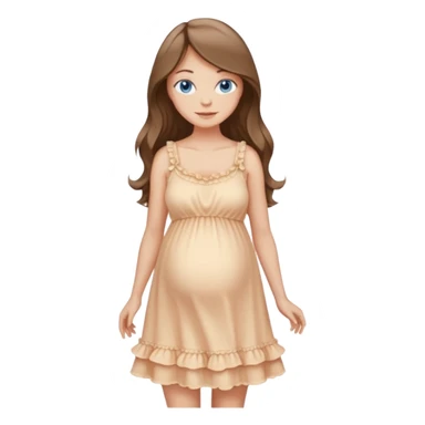 Beautiful Woman with Blue eyes, and long flowing almond brown hair and a light peachy tan skin tone, standing in a relaxed pose with a visible baby bump in frilly buttercream colored babydoll sundress  sticker