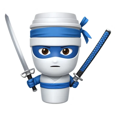 A cartoon to-go coffee cup with a blue ninja headband around the lid and holding a katana sword sticker