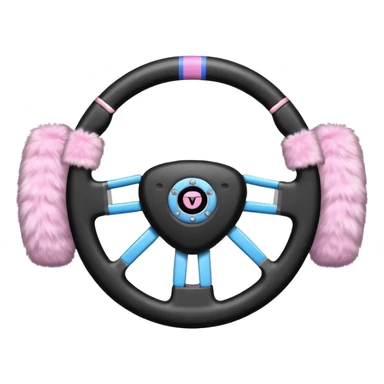 steering wheel with transgender pride flag colors and strifes , with fluffy pink handcuffs sticker
