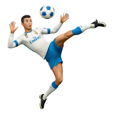 Ronaldo doing a bicycle kick with football in mid air While wearing a Retro blue Real madrid kit and yes i want it to be exactly the same as he Scored it in 2018 vs Juventus  sticker
