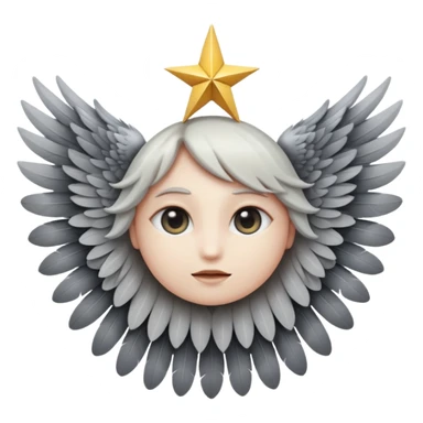 A round emoji with a single central eye, completely covered in six layers of gray feathered wings forming a star-like shape, mystical and divine expression, iOS emoji style sticker