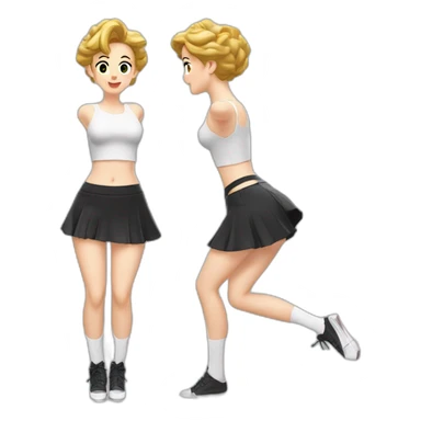 alistic-full-body-caucasian-curvy-фигуристка-jumping-short-black-skirt-back-and-front-views-strong-wind-white knickers-long-white-socks sticker